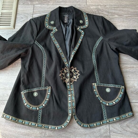 Vintage ANN CARSON Linen Blend Denim Embroidered Sequins  Western Jacket - Picture 5 of 16
